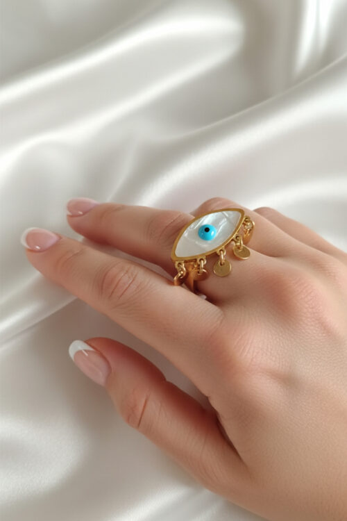 Gold Evil Eye Dangle Ring – Mother of Pearl Protection Jewelry