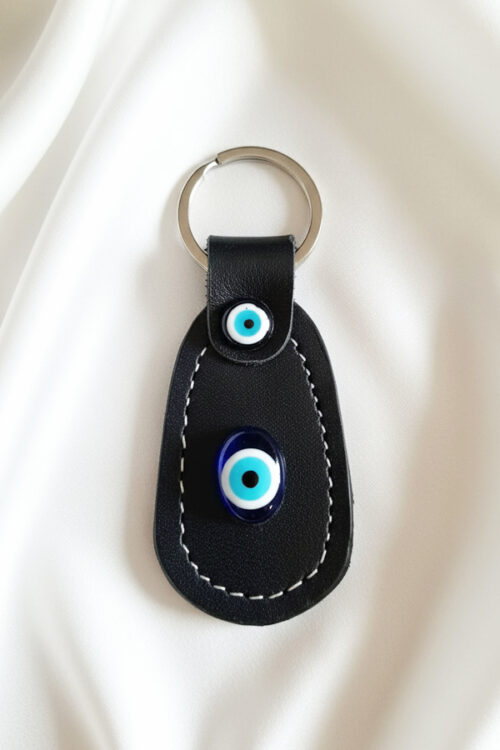 Chic Black Leather Evil Eye Keychain with Glass Bead