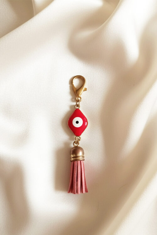 Bold Gold & Red Enamel Evil Eye Keychain with Tassel