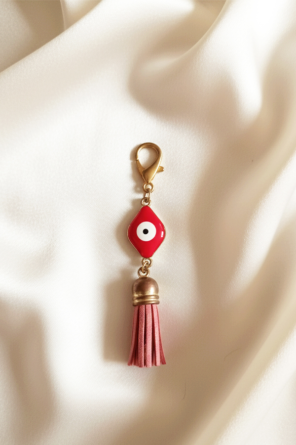 Bold Gold & Red Enamel Evil Eye Keychain with Tassel