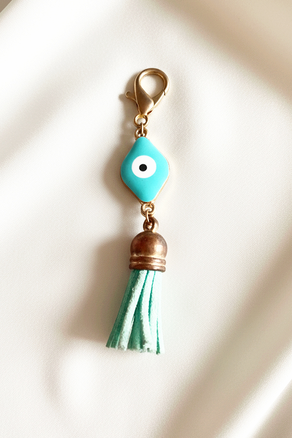 Chic Gold & Aqua Evil Eye Keychain with Suede Tassel