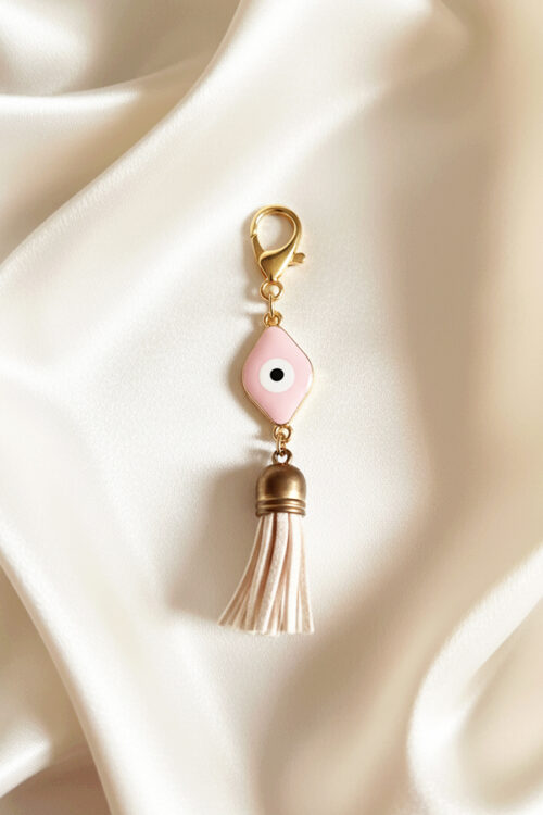 Chic Gold Evil Eye Keychain with Pink Geometric Charm & Tassel