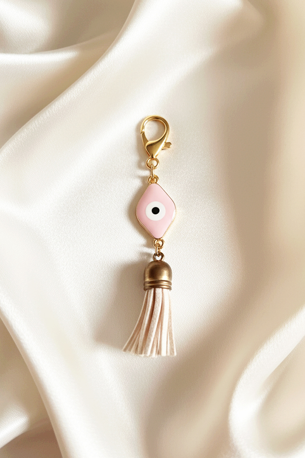 Chic Gold Evil Eye Keychain with Pink Geometric Charm & Tassel