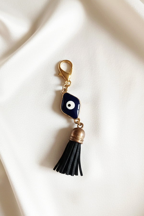 Elegant Gold & Navy Evil Eye Keychain with Faux Leather Tassel