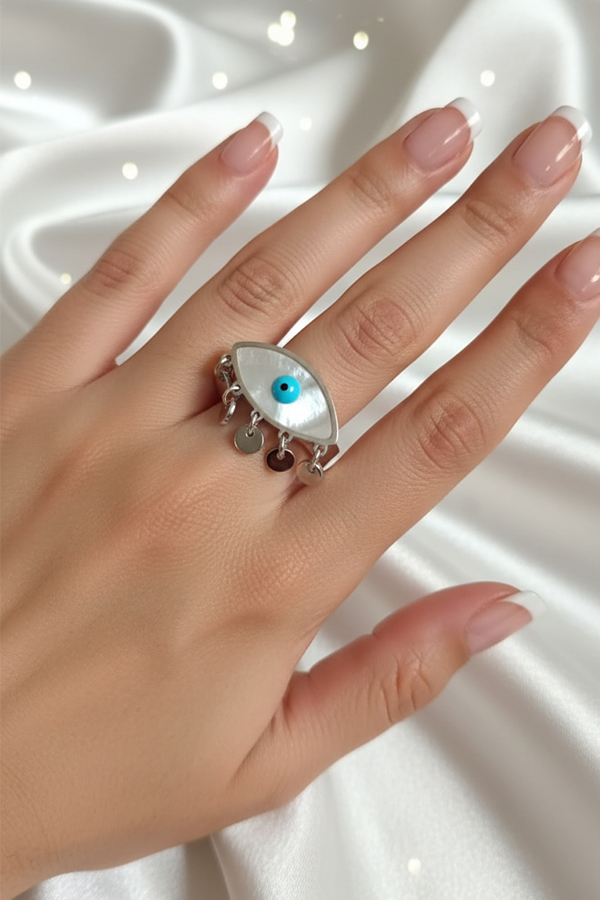 Silver Evil Eye Dangle Ring – Mother of Pearl Protection Jewelry