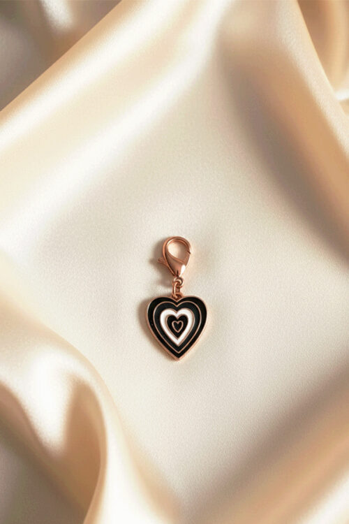 Chic Rose Gold Heart Charm with Black & White Enamel Evil Eye Design
