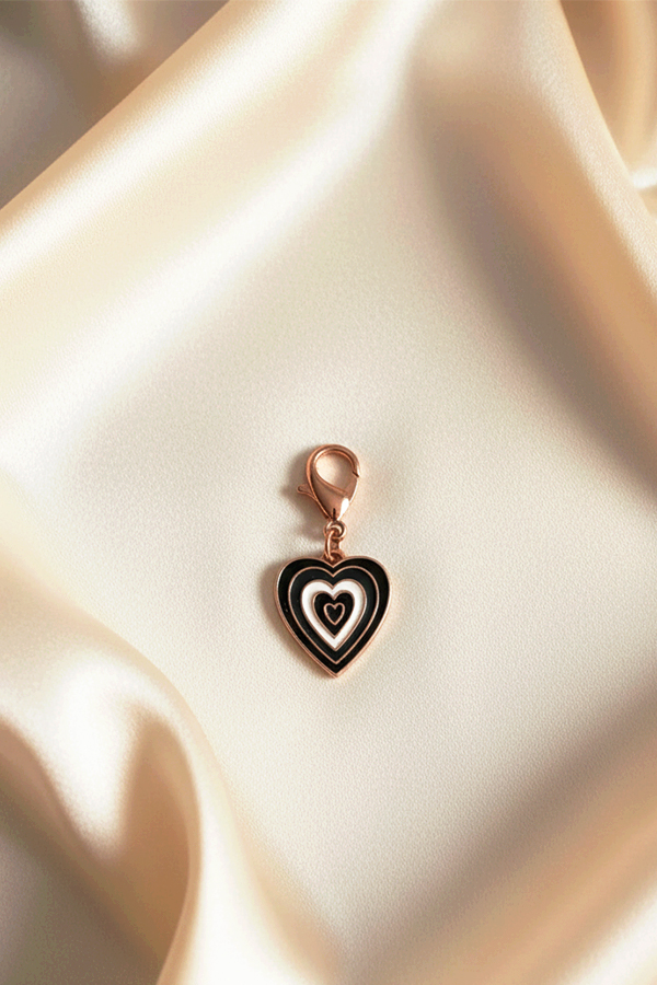 Chic Rose Gold Heart Charm with Black & White Enamel Evil Eye Design