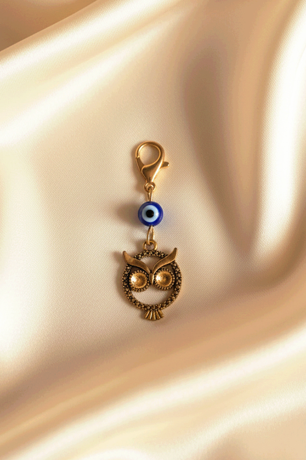 Antique Gold Owl & Evil Eye Charm Clip for Wisdom and Protection