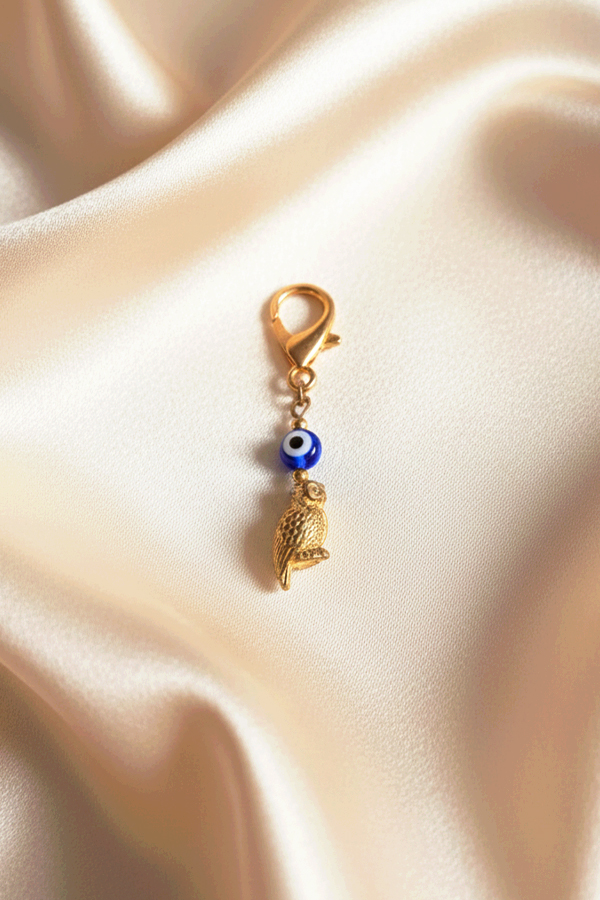Antique Gold Owl Charm Clip with Evil Eye Protection Bead