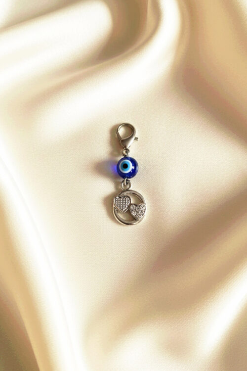 Silver Evil Eye Charm Clip with Interlocking Pave Crystal Hearts