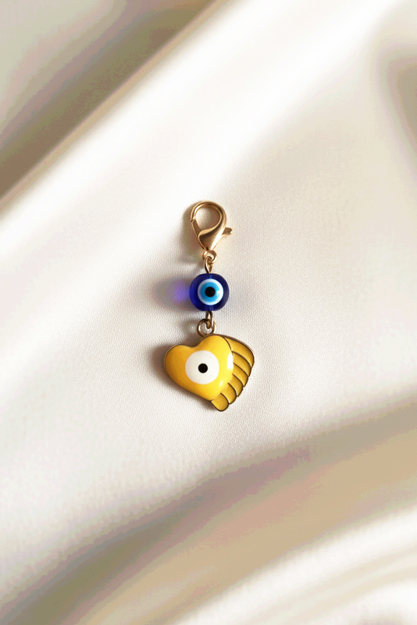 Playful Gold-Toned Heart-Fish & Evil Eye Charm Clip