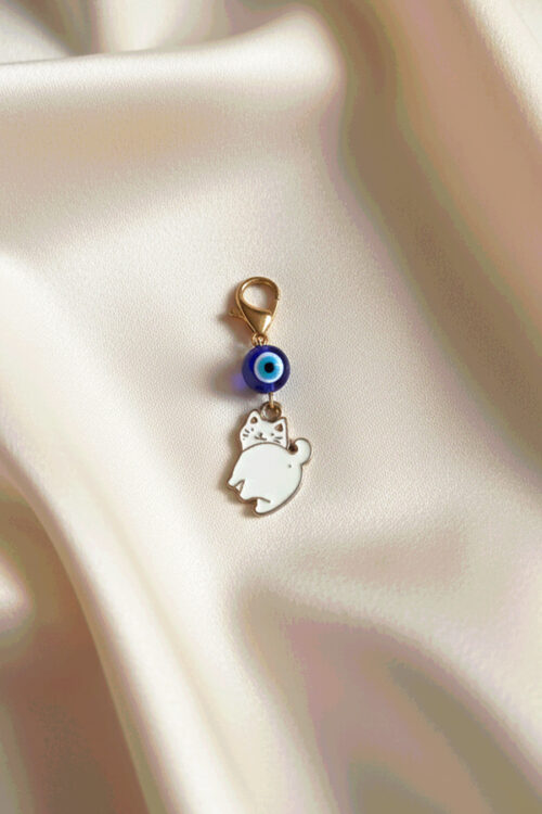 Whimsical White Cat & Evil Eye Clip-On Charm
