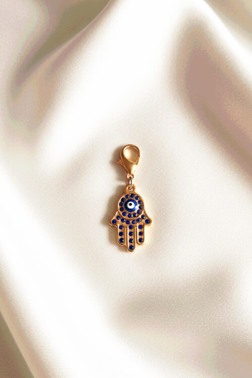 Gold Hamsa Hand Charm with Blue Crystal Evil Eye Enamel