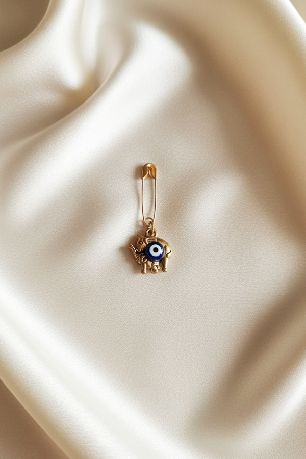 Lucky Gold Elephant Safety Pin Charm with Evil Eye Protection