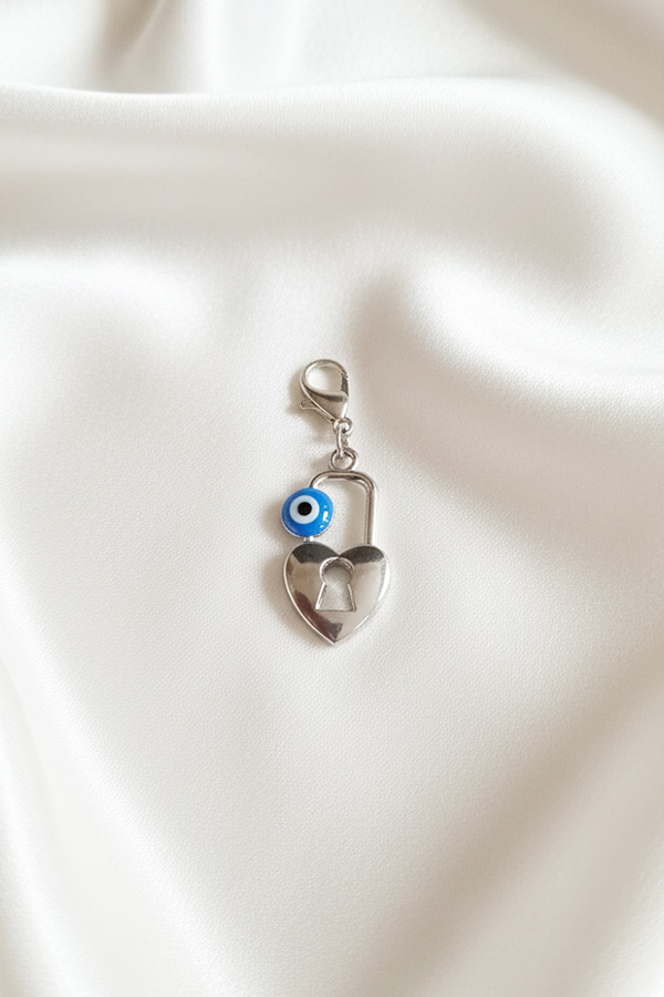 Silver Heart Lock Clip-On Charm with Evil Eye Protection