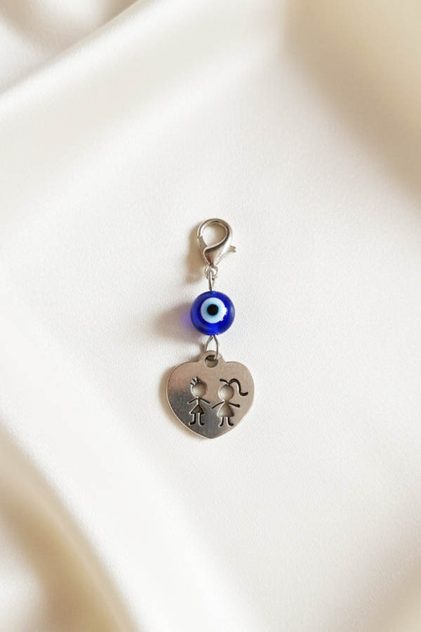 Silver Heart Charm with Children Figure & Evil Eye Protection