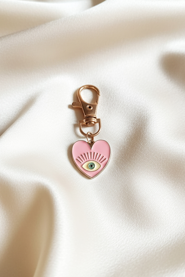 Romantic Rose Gold Heart Clip-On Charm with Pink & Green Evil Eye