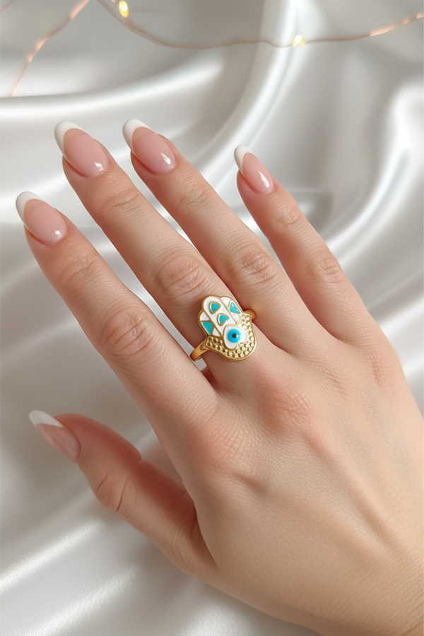 Gold Hamsa Hand Evil Eye Ring – Symbol of Protection and Elegance