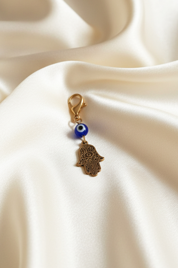 Antique Gold Hamsa Hand Charm Clip with Blue Evil Eye