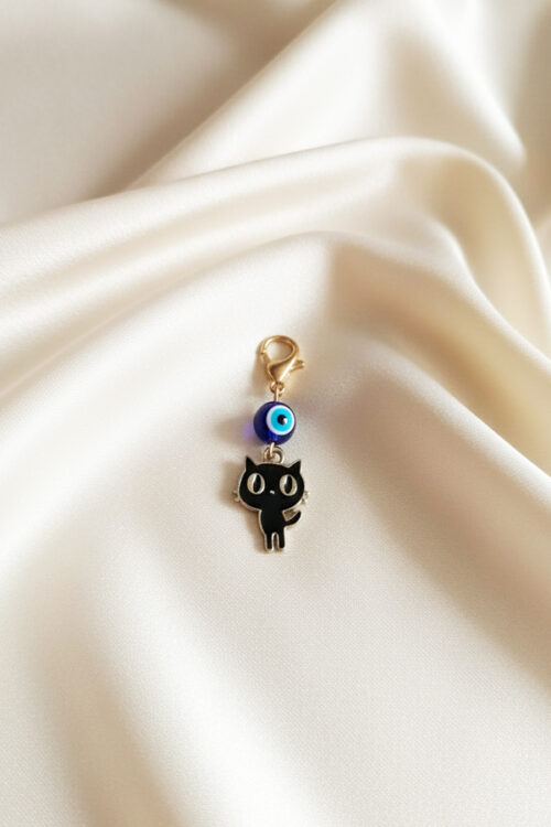 Adorable Gold Enamel Black Cat Charm Clip with Evil Eye Protection