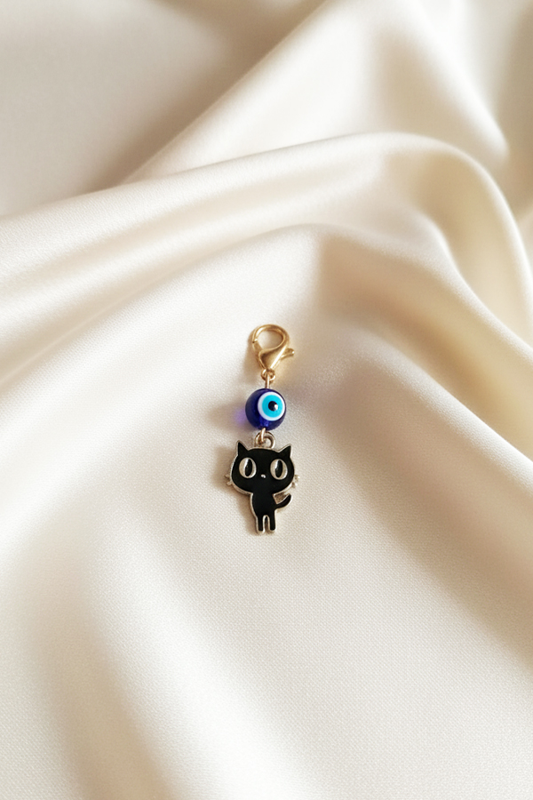 Adorable Gold Enamel Black Cat Charm Clip with Evil Eye Protection