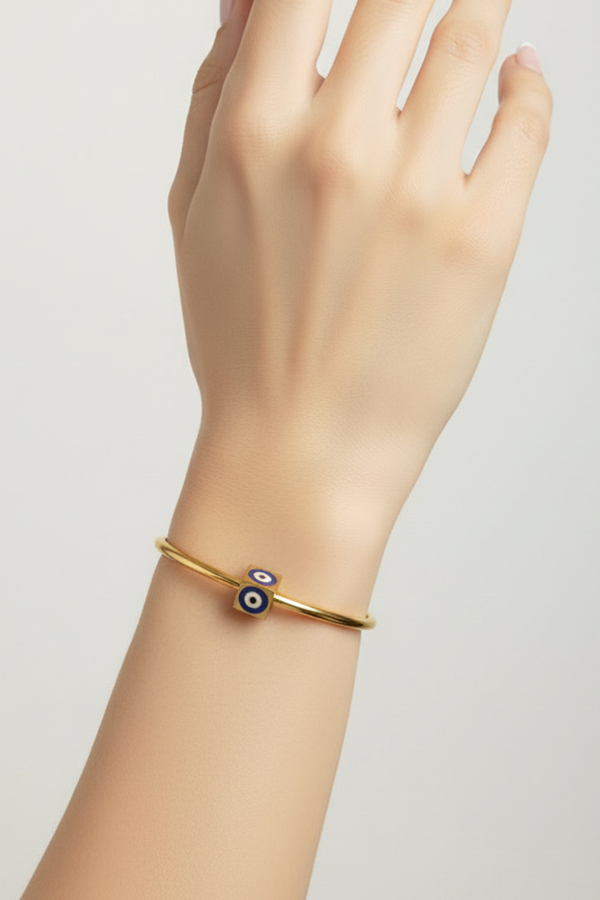 Minimalist Gold Cube Evil Eye Open Cuff Bangle