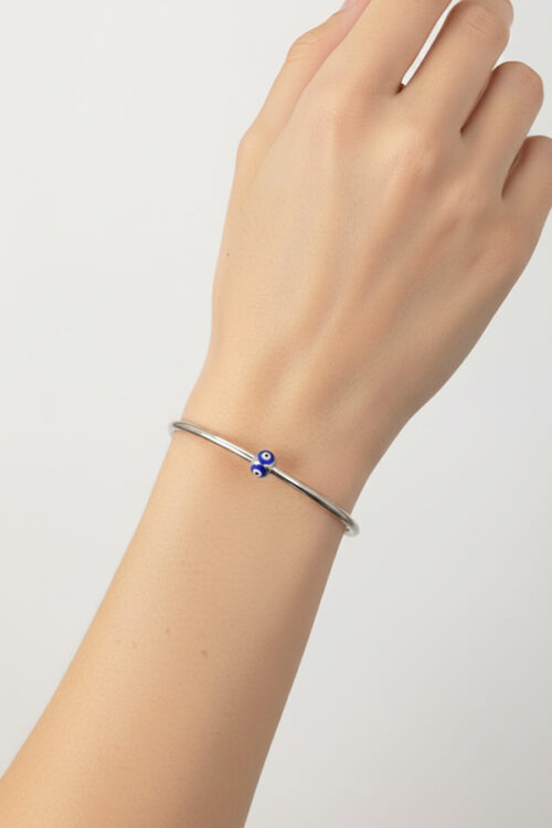 Minimalist Silver Open Cuff Bangle with Central Evil Eye Bead