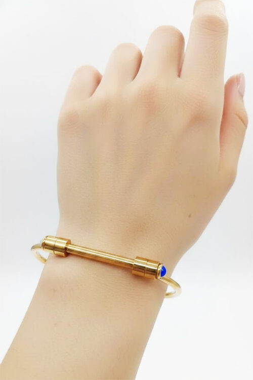 Modern Gold Bar Cuff Bangle with Blue Evil Eye Accent