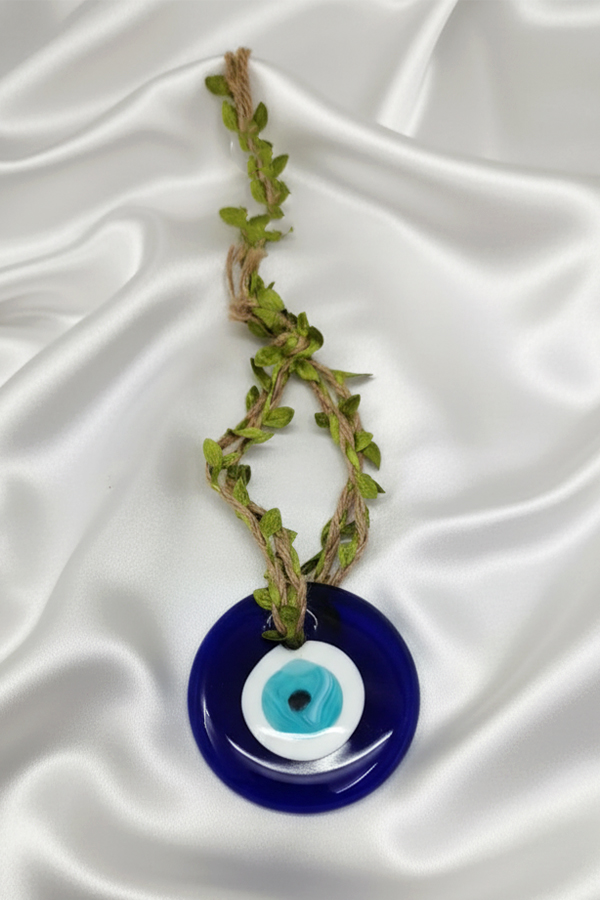 Bohemian Glass Evil Eye Wall Hanging with Green Vine Detail