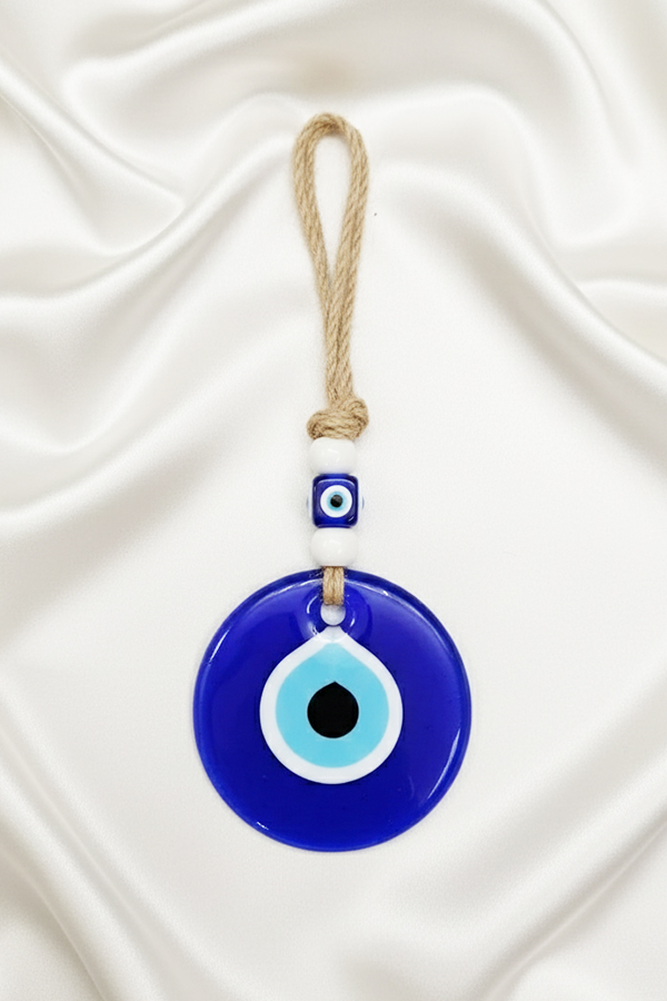 Classic Glass Evil Eye Wall Hanging with Rustic Jute Rope