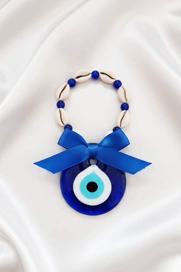 Coastal Cowrie Shell & Glass Evil Eye Wall Hanging with Blue Ribbon