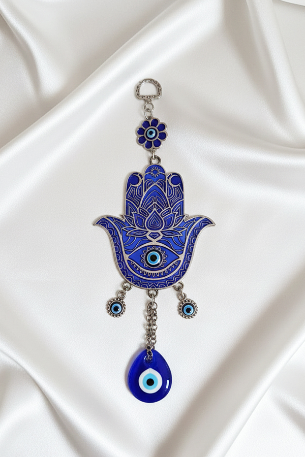 Ornate Deep Blue Hamsa Hand & Evil Eye Protection Hanging
