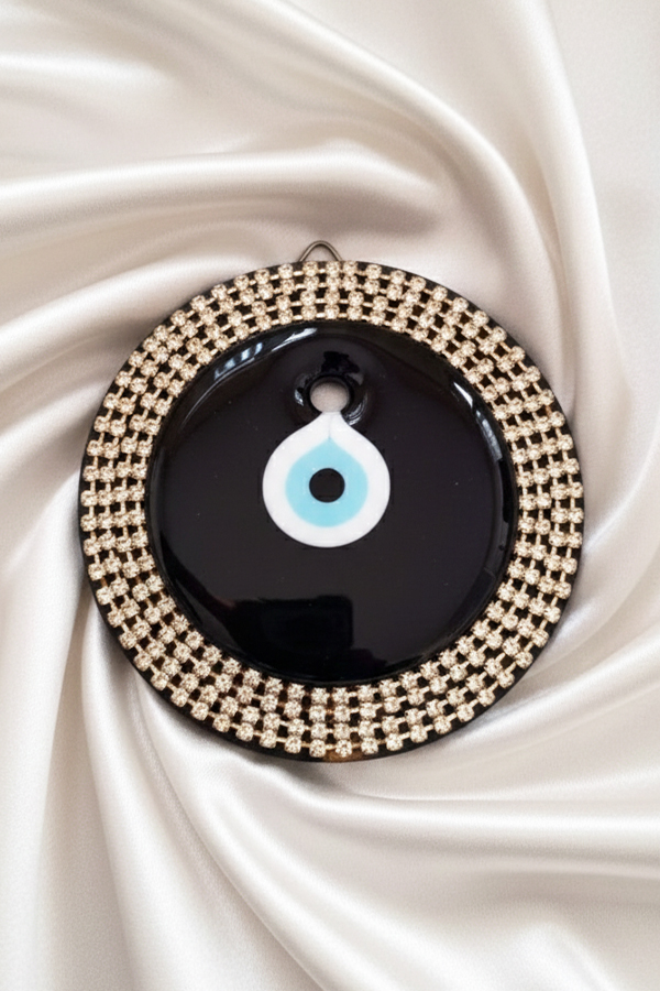Glamorous Black Glass Evil Eye Wall Hanging with Crystal Pave Border