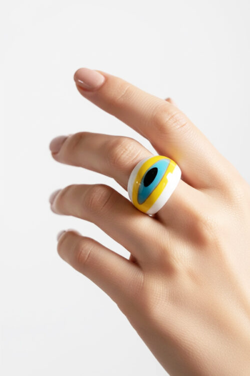 Chic White Resin Evil Eye Ring with Yellow & Blue Detail