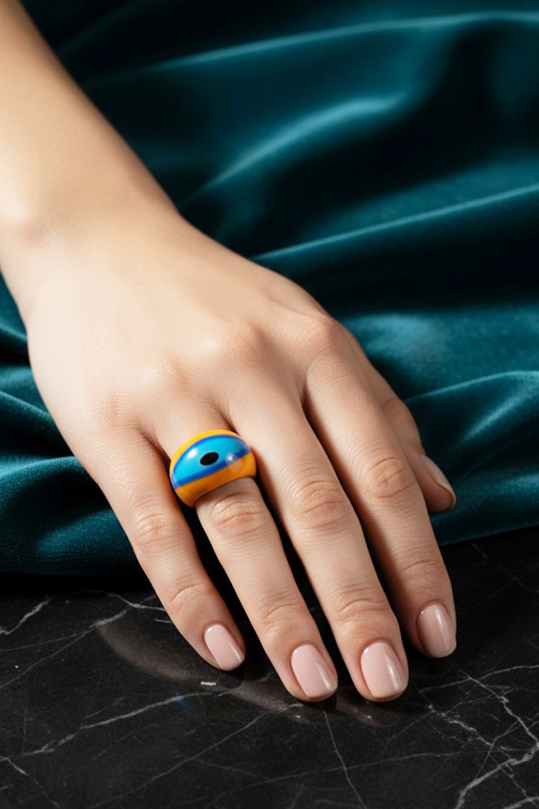 Vibrant Orange & Blue Resin Evil Eye Ring - Trendy Colorful Statement Jewelry