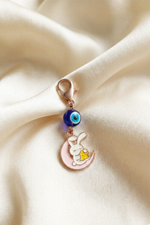 Dreamy Rose Gold Bunny on Moon Charm Clip with Evil Eye