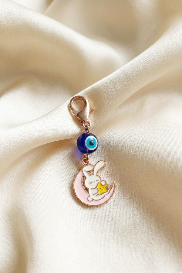 Dreamy Rose Gold Bunny on Moon Charm Clip with Evil Eye