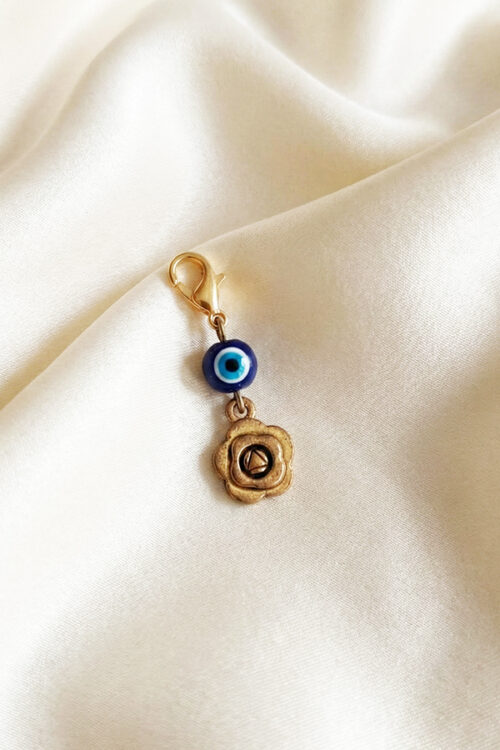 Antique Gold Floral Rosette Charm Clip with Blue Evil Eye