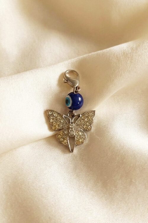 Sparkling Pave Crystal Butterfly Charm Clip with Blue Evil Eye