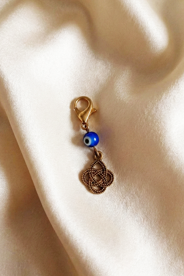 Antique Gold Endless Knot Charm Clip with Blue Evil Eye