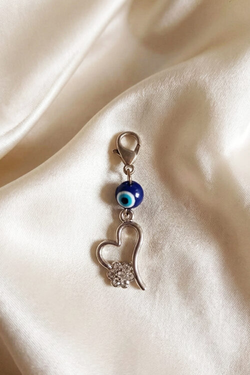 Elegant Silver Open Heart & Crystal Evil Eye Charm Clip