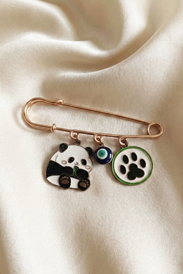 Adorable Rose Gold Safety Pin Brooch with Panda, Paw Print & Evil Eye Charms