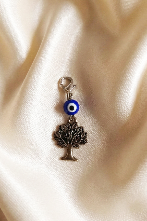 Antique Silver Tree of Life Charm Clip with Blue Evil Eye