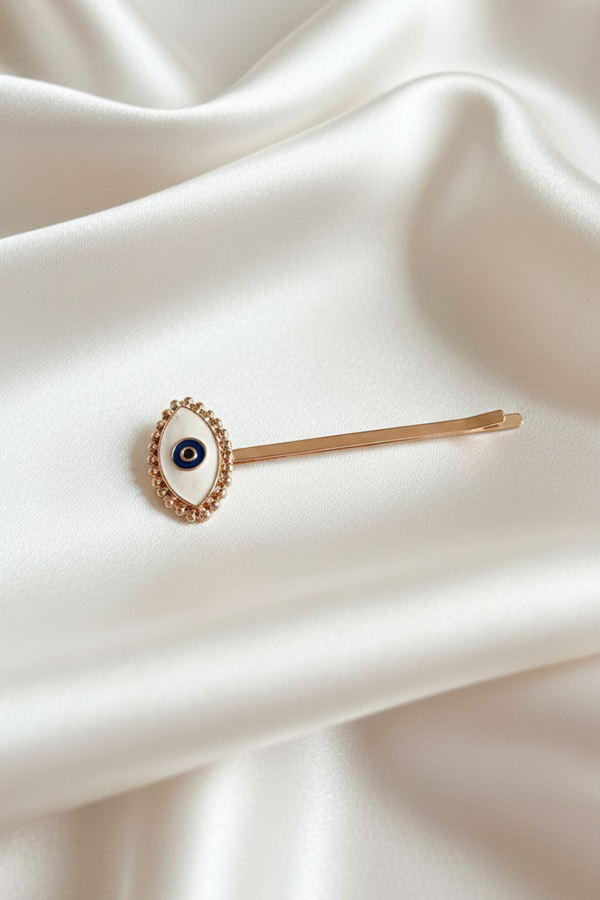 Elegant Gold & White Enamel Evil Eye Hair Pin