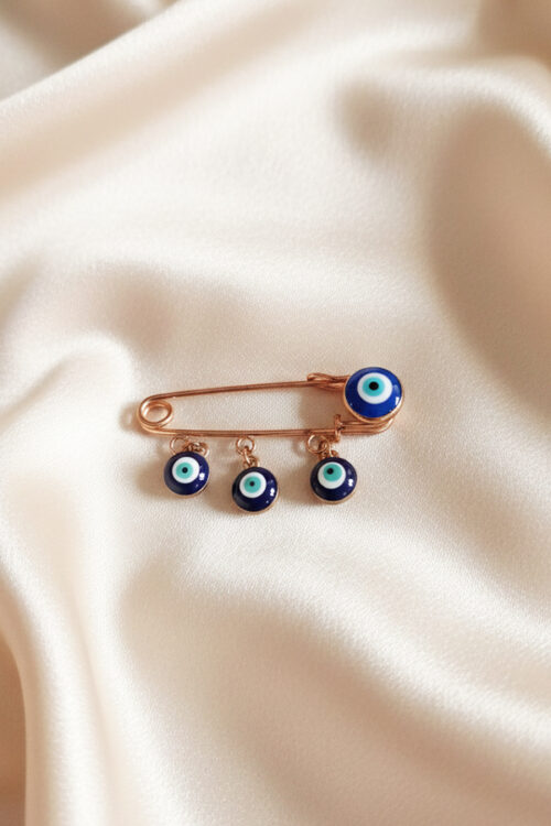 Rose Gold Safety Pin Brooch with Multiple Dangle Evil Eye Charms