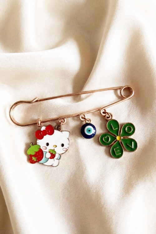Adorable Hello Kitty & Evil Eye Safety Pin Brooch with Lucky Clover