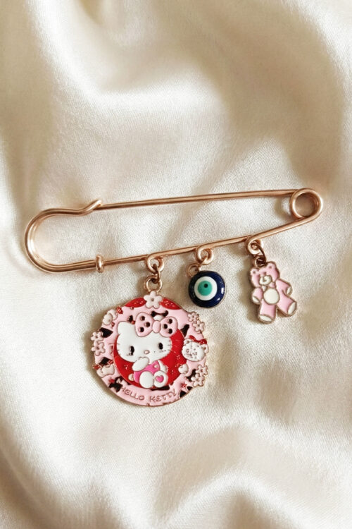 Adorable Hello Kitty & Pink Bear Rose Gold Safety Pin Brooch with Evil Eye