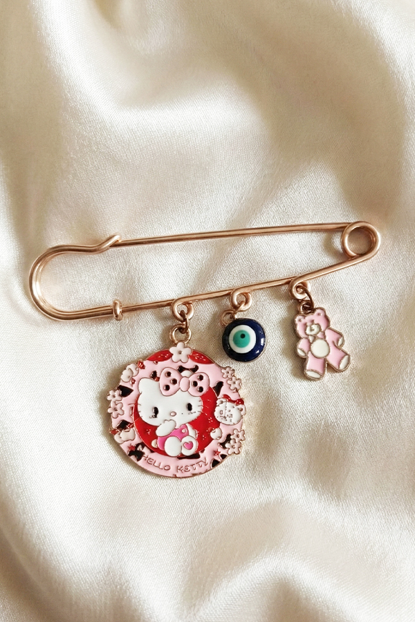 Adorable Hello Kitty & Pink Bear Rose Gold Safety Pin Brooch with Evil Eye