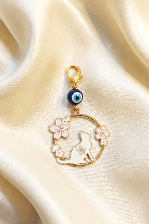 Whimsical Gold Enamel Cat & Sakura Charm Clip with Evil Eye