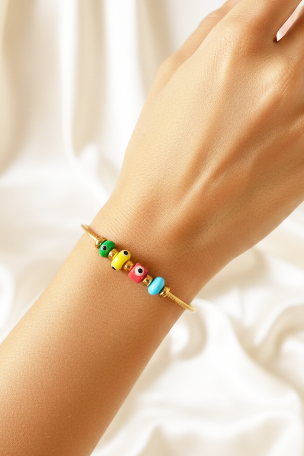 Playful Gold Cable Wire Bangle with Multi-Color Evil Eye Beads